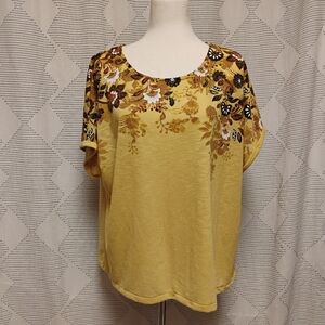 Per Una Marks & Spencer Floral Mustard Yellow Flowy Short Sleeve Top Size 14 XL